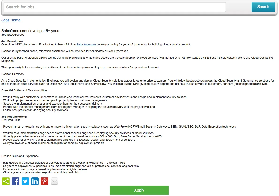 Job details page with apply button